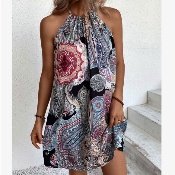 Boho Floral Paisley Print Halter Mini Dress - Picture 4 of 11